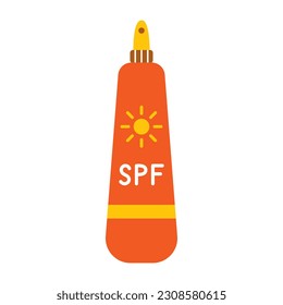 Vektor-Sonnenschutzcreme mit Spender-Pumpe. Hautschutz vor Sonne. Lotionsflasche mit SPF. Produktverpackung mit Sonnenblock in flachem Design. Tägliche Kosmetik im Sommer. Hautpflegeprodukt bei Sonnenschutzmitteln.