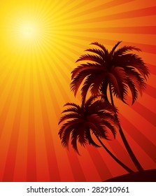 Vector sunset background with palm tree silhouette. For poster or flyer design