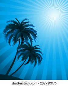 Vector sunset background with palm tree silhouette. For poster or flyer design