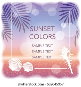 A vector sunset background/message frame with palm leaves and shellfishes.