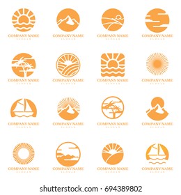 vector sunset beach and palm logo set design template