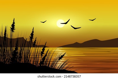 Vektor-Sonnenuntergang mit Vögeln und Grassilhouette