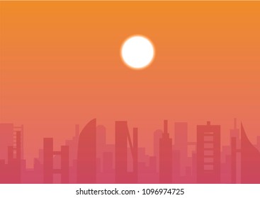 vector sunset city illustration. modern buildings in dusk and orange sky