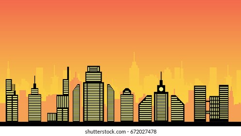 Vector sunset city illustration. modern buildings, cityscape
