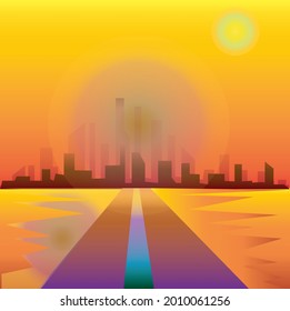Vector Sunset City, diseño de fondo de ilustraciones de carreteras. Nueva imagen de icono de elite de estilo artístico popular.