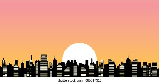 vector  sunset and city silhouette illustration
abstract skyline, minimalistic cityscape