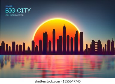 Vector sunset city skyline with modern buildings silhouette. Night city red with reflection in water EPS 10. Red dark skylights in spring. Night skyline.
