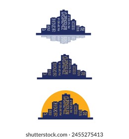 Vector sunset city skyline with modern buildings silhouette with reflection in water. Vector illustration. Skyscrapers in big city at sunset.City skyline silhouette.
