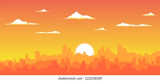 vector sunset cityscape, cloudy sky and skyscapers illustration