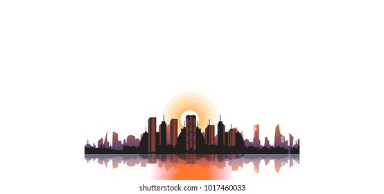 vector sunset cityscape illustration. city on the waterfront and reflection of sunset glow in buildings windows