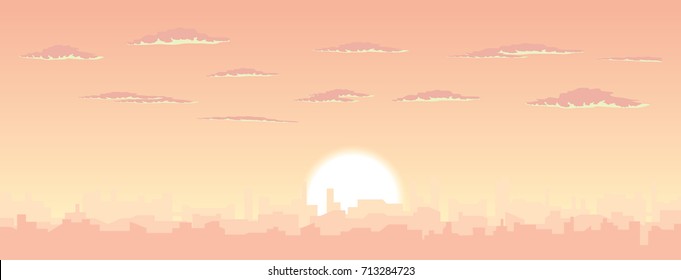 vector sunset glow and rooftops illustration. urban skyline and clouds