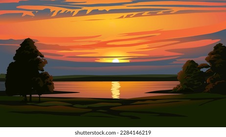 Vector sunset illustration. Beautiful orange sky over a lake with trees in the lakeside
