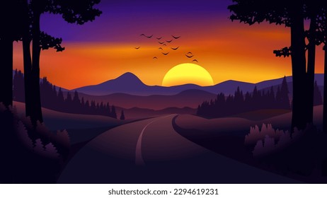 Vector sunset illustration with empty road in countryside and mountain in background