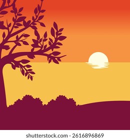 Vector Sunset Illustration Over the Sea – Tropical Evening Landscape. 
