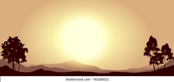 vector sunset illustration,tree silhouetyes, hills landscape