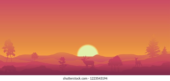 vector sunset landscape. deer, elk and bear in the nature, hills and tree illustration