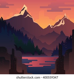 Vector sunset landscape with huge red mountains and lake.