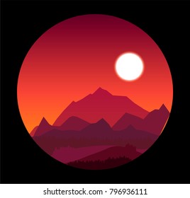 vector sunset landscape illustration in circle frame. mountains and hills