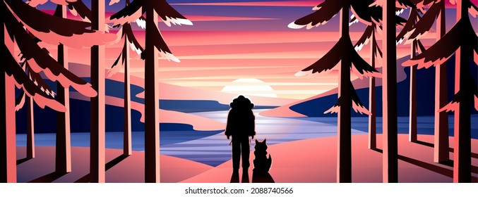 Ilustración del paisaje de la puesta de sol del vector. Caminando por las montañas con perro. Tranquila puesta de sol sobre el bosque, las montañas y los ríos. Aventura individual en la cima de la montaña.