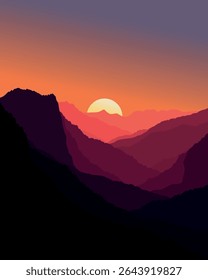 Vektor Sonnenuntergang Landschaft mit geschichteten Berg Silhouetten und einem leuchtenden Himmel. Minimalistisches Flachdesign mit warmen Farbverlauf-Farben.