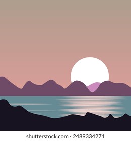 Vector Sunset Landscapes - Minimalist Ocean and Mountain Sunsets Illustration