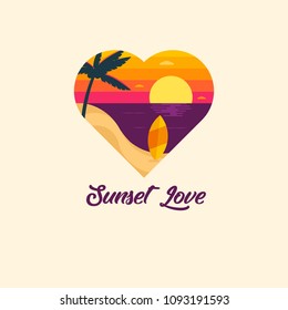 Vector Sunset Love Beach Illustration with Surfing Board and coconut tree on Summer Beach Scenery