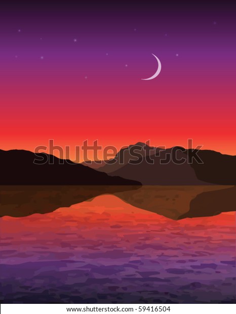 vector sunset with\
moon and stars on the\
lake