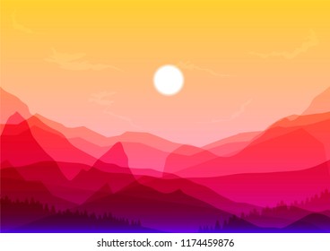 vector sunset and mountain landscape. nature illustration