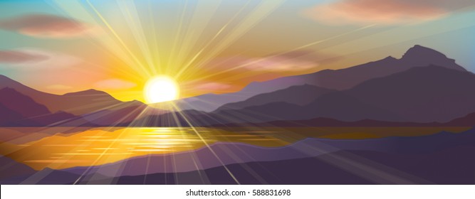 Vector  sunset  in mountains.