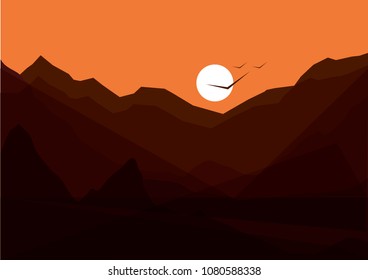 vector sunset in the mountains illustration, flock of birds in the sky. mature landscape