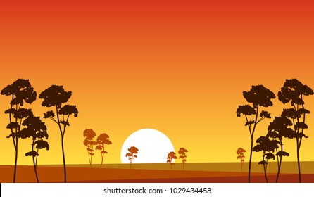 vector sunset nature landscape, flat fields, grassland illustration