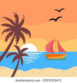 vector of sunset on a beautiful beach