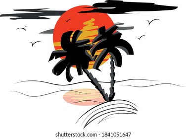 a vector sunset on a desert island