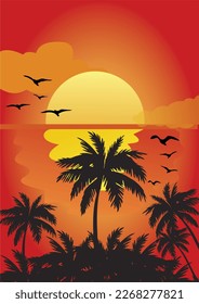 puesta de sol vectorial en el mar con sol brillante, cocoteros y pájaros