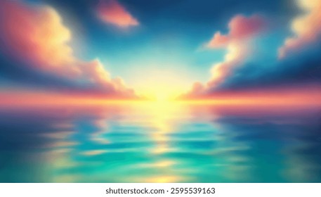 Vector Sunset Over Calm Ocean with Soft Clouds and Golden Reflections with Smooth Waves and Soft Light Transitions