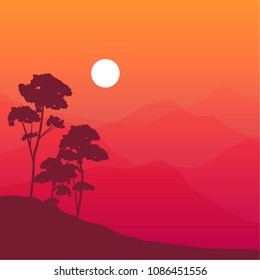 vector sunset over the mountains in distance  and trees silhouette