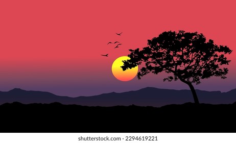 Vector sunset scene with a tree and flying birds in silhouette with sun and mountain in background