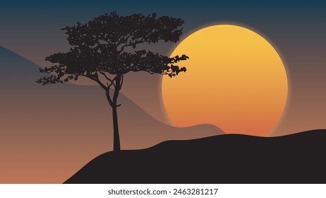 Escena de la puesta de sol del Vector con un árbol y pájaros voladores en silueta con el sol y la montaña en el fondo