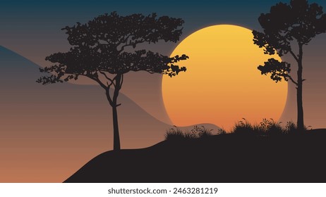 Vector sunset scene with a tree and flying birds in silhouette with sun and mountain in background