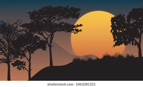 Vector sunset scene with a tree and flying birds in silhouette with sun and mountain in background