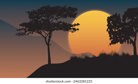 Vector sunset scene with a tree and flying birds in silhouette with sun and mountain in background