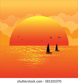 Vector Sunset at sea and holiday.