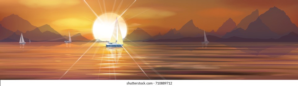 Vector sunset sea and yachts.