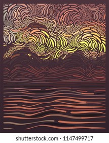 Vector sunset seascape in the style of impressionist paintings.