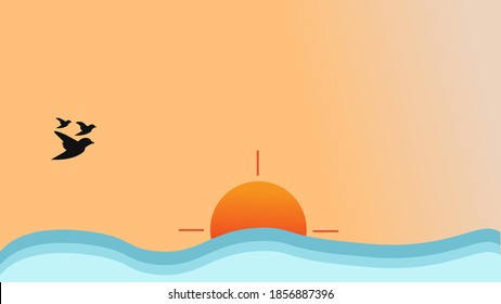 vector sunset, sunrise, ocean, sea view sun and bird, seagull with gradient orange background