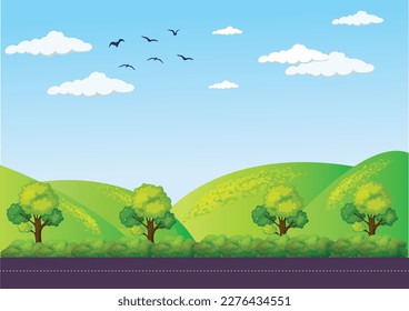 Atardecer vectorial o tiempo de salida del sol en la escena natural del bosque y diseño paisajístico del cielo pintoresco colorido