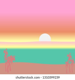 vector sunset tropical beach illustration. flat style nature landscape, seascape