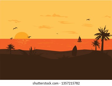 Vector sunset tropical beach illustration.  Summer beach background