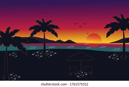 Vektorgrafik der tropischen Strandgrafik mit Sonnenuntergang. flache Naturlandschaft, Jahreszeit mit Silhouette 2