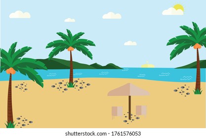 ilustración vectorial de la playa tropical de atardecer. paisaje natural de estilo plano, marino 1
